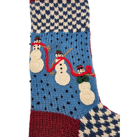 Vintage 100% Wool Knit Christmas Stocking Snowman Patchwork Print - Picture 2 of 4